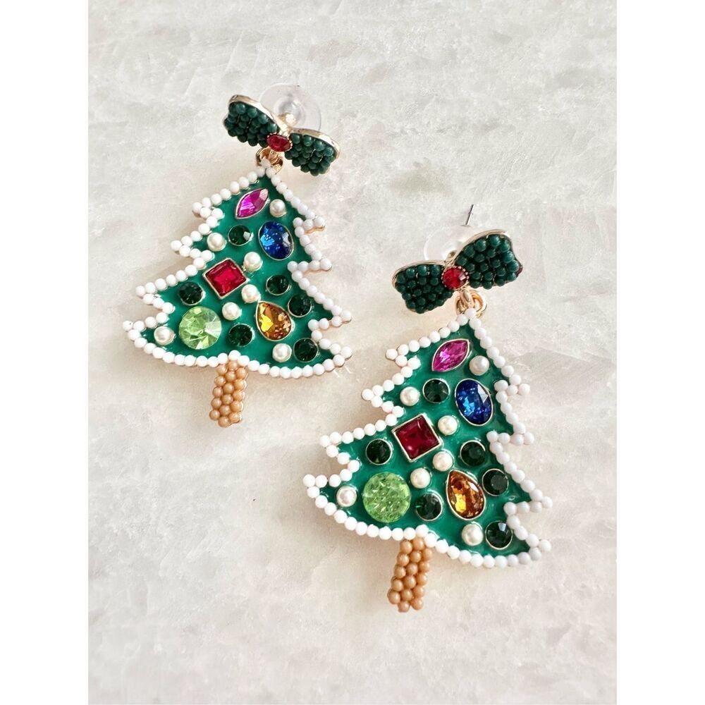 Multi color rhinestone and faux petal Christmas tree dangle earrings